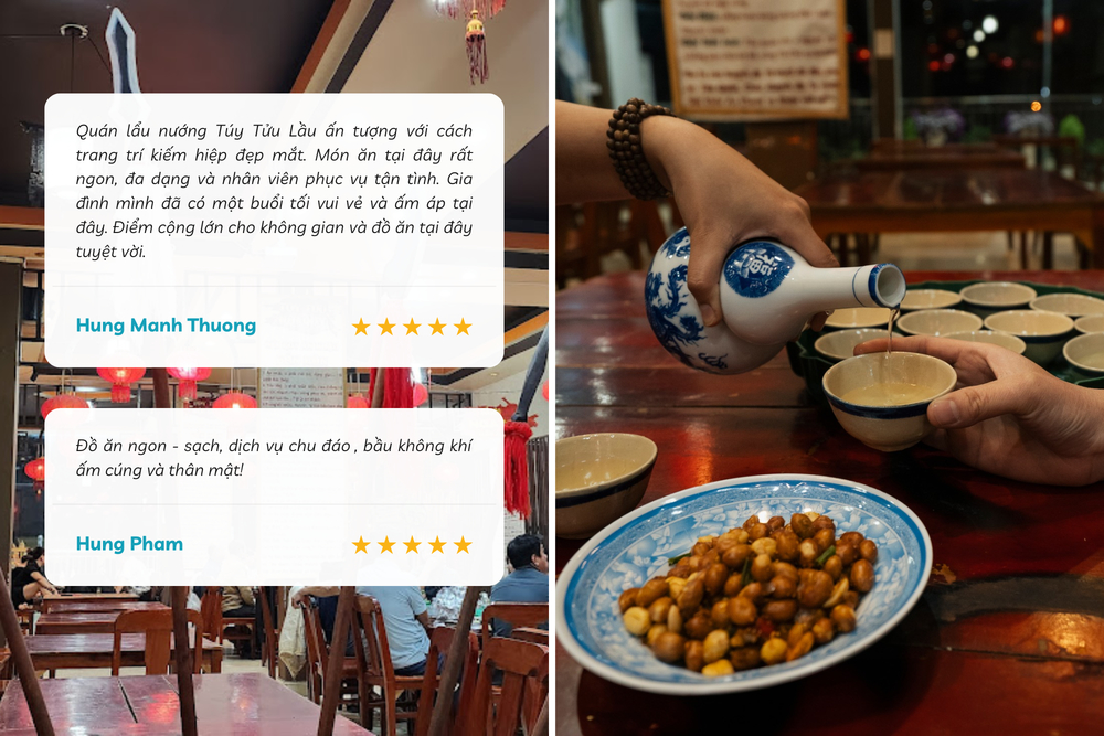 Túy Tửu Lầu là địa điểm được nhiều người review quán nướng Đà Lạt gợi ý với phong cách trang trí kiếm hiệp độc đáo, cách uống nước bằng chén rượu thay cho ly